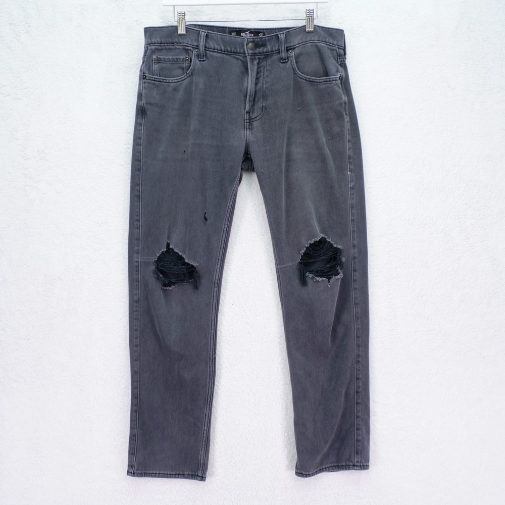 Hollister Slim Straight Epic Flex Black Denim Jeans Factory Distressed 34 / 30